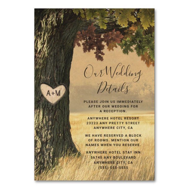 Fall Oak Tree Rustic Wedding Cards Tischnummer (Vorderseite)