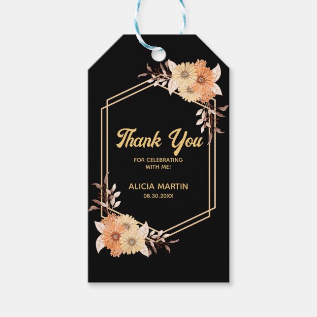 Fall Orange Blume Gold Black Danke Geschenkanhänger (Vorderseite)