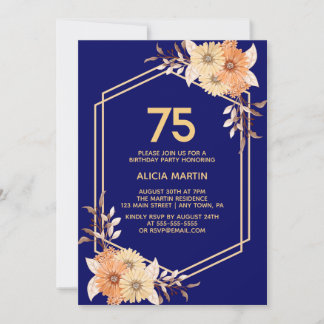 Fall Orange Blume Gold Navy Blue Adult Geburtstag Einladung
