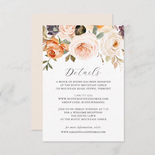 Fall Orange Floral Wedding Details Card Einladung (Vorne/Hinten)