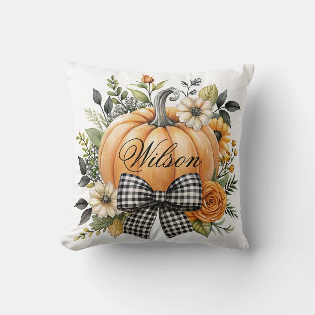 Fall Orange Pumpkin mit Checked Bow Throw Kissen (Vorderseite)