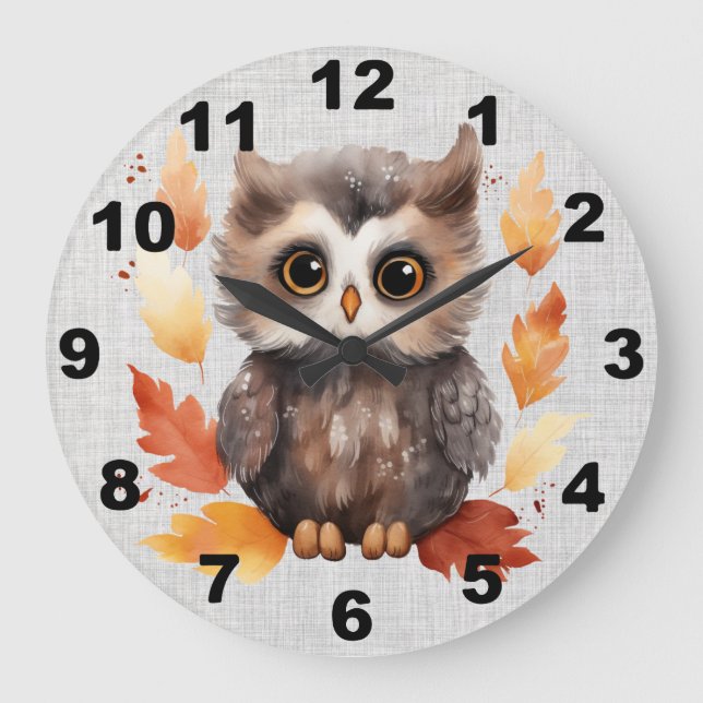 Fall Owl Wall Clock Große Wanduhr (Vorderseite)