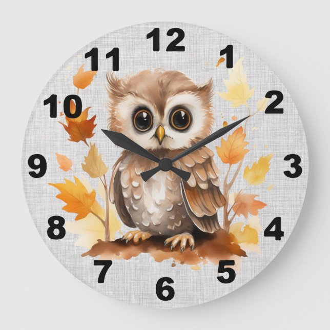 Fall Owl Wall Clock Große Wanduhr (Vorderseite)