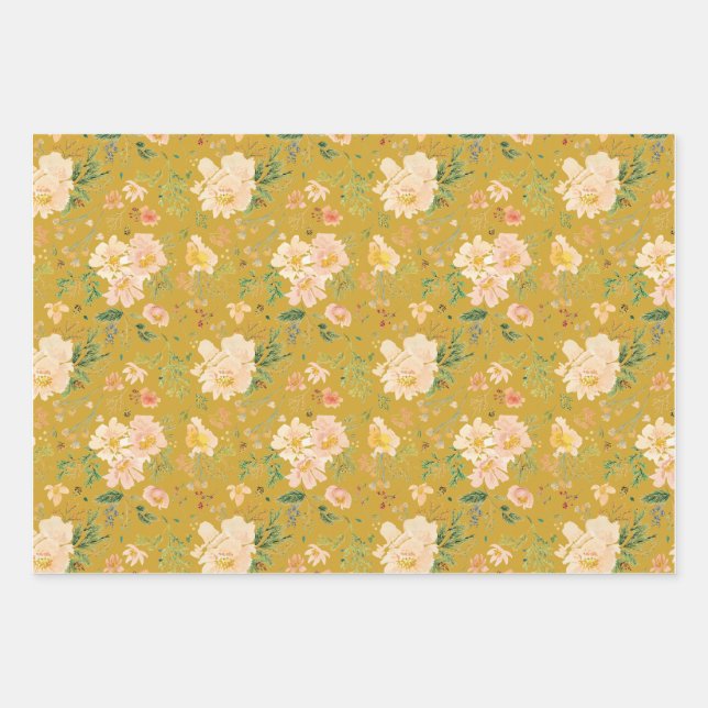 Fall Peach Blume Wasserfarbe auf Ceyllin Gelb Geschenkpapier Set (Vorderseite)