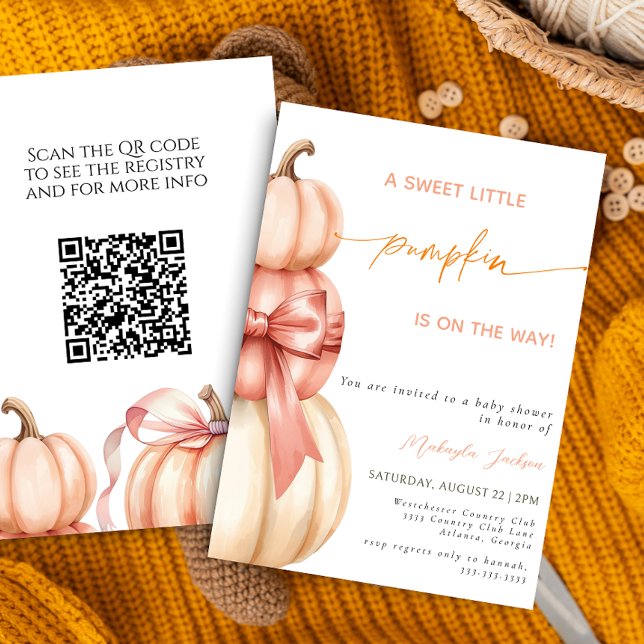 Fall Pink Bow Little Pumpkin Baby Dusche QR Code Einladung (Von Creator hochgeladen)