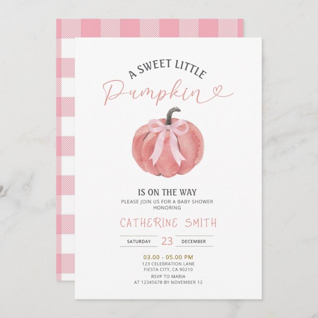 Fall Pink Bow Pumpkin Baby Shower  Einladung (Vorne/Hinten)