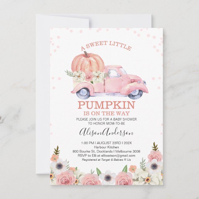 Fall Pink Floral Pumpkin Truck Baby Dusche Einladung (Vorderseite)