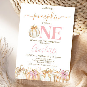 Fall Pink Girls Kariert Little Pumpkin 1. Geburtst Einladung