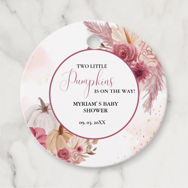 Fall Pink Pumpkin Floral Twin Girl Babydusche Geschenkanhänger (Vorderseite)
