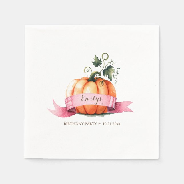 Fall Pink Pumpkin Geburtstagsparty Girl Serviette (Vorderseite)
