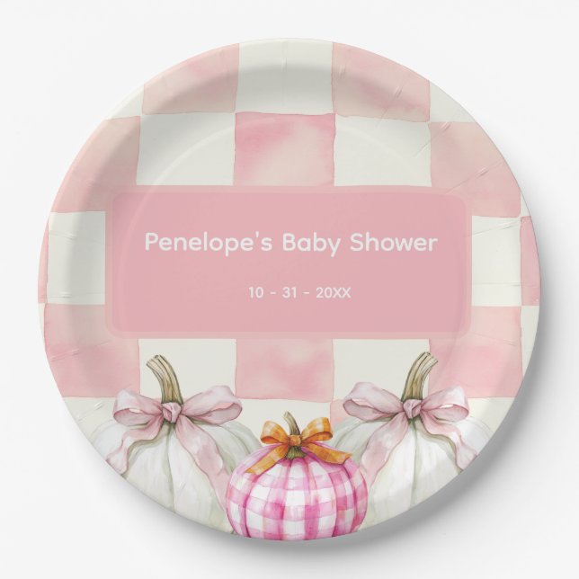 Fall Pink Pumpkin Gingham Girl Baby Dusche Pappteller (Vorderseite)