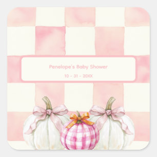 Fall Pink Pumpkin Gingham Girl Baby Dusche Quadratischer Aufkleber