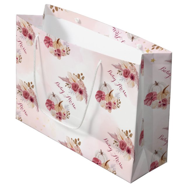 Fall pink Pumpkin Pampas Grass Girl Dusche Große Geschenktüte (Vorderseite Schrägansicht)
