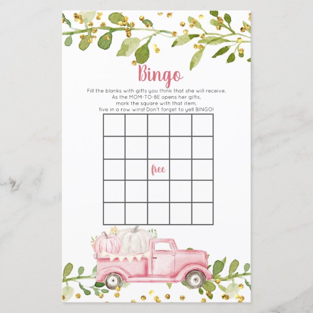 Fall Pink Pumpkin Truck Baby Dusche Bingo Spiel (Vorderseite)
