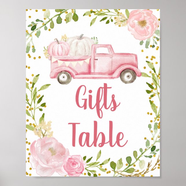 Fall Pink Pumpkin Truck Geschenke Tabelle Zeichen Poster (Vorne)