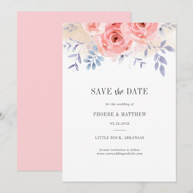 Fall Pink Roses Aquarell Lilac Foliage Save The Date (Vorne/Hinten)