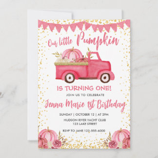FALL PINK TRUCK PUMPKIN 1. GEBURTSTAG Einladung