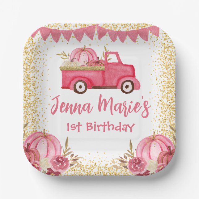 FALL PINK TRUCK PUMPKIN 1. GEBURTstag Pappteller (Vorderseite)