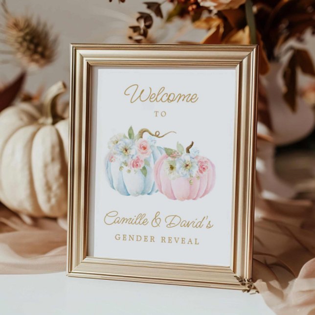 Fall Pink und Blue Pumpkin Gender Reveal Willkomme Poster (Fall Gender Reveal Baby Shower Welcome Sign)