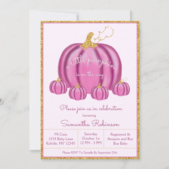 Fall Pink und Gold Pumpkin Girl Dusche Einladung (Vorderseite)