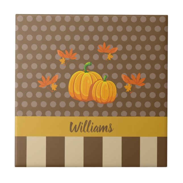 Fall Polka Dot Pumpkin mit Familienname Fliese (Vorderseite)