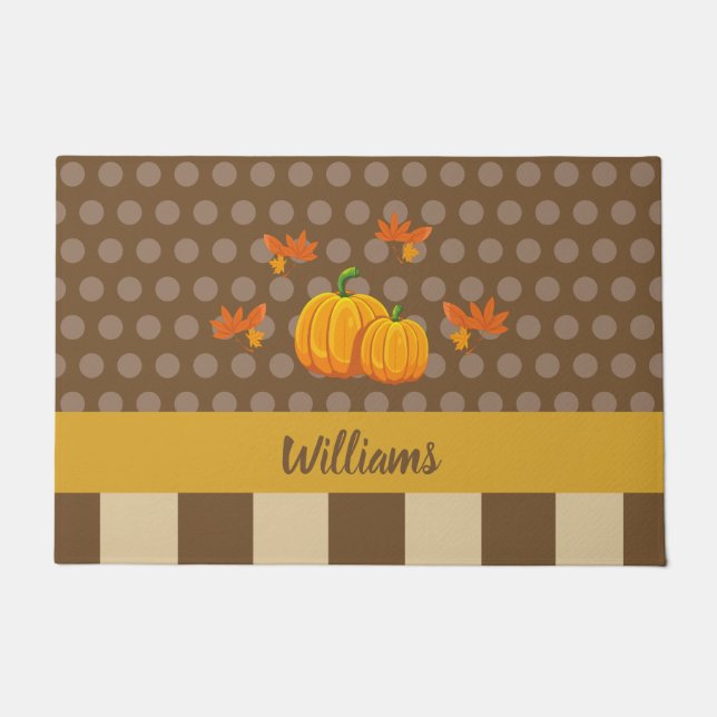 Fall Polka Dot Pumpkin mit Familienname Fußmatte (Vorderseite)
