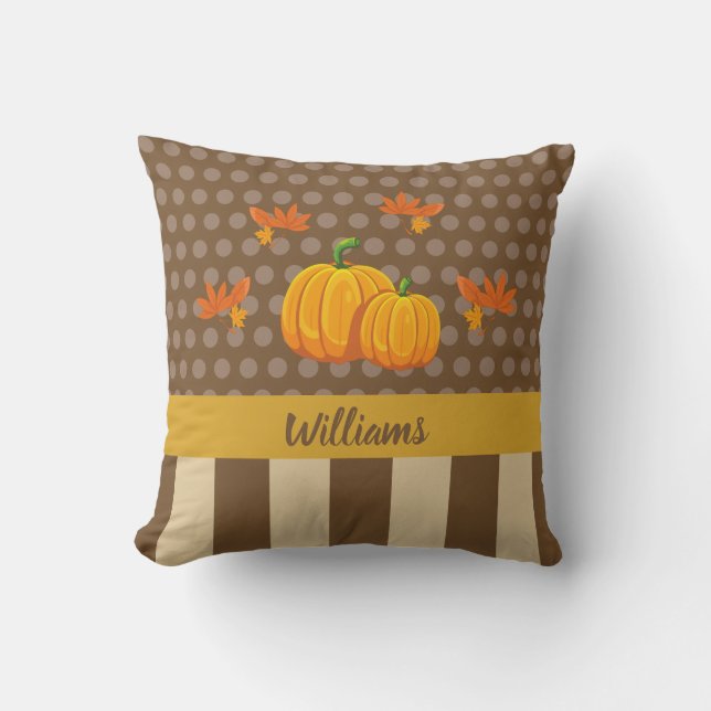 Fall Polka Dot Pumpkin mit Familienname Kissen (Vorderseite)