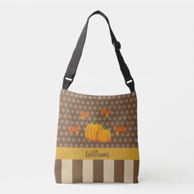 Fall Polka Dot Pumpkin mit Familienname Tragetaschen Mit Langen Trägern (Vorderseite)