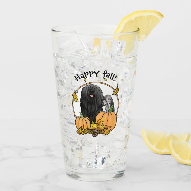 Fall Puli Hund (schwarz) Pumpkins Blätter Niedlich Glas (Rückseite Ice)