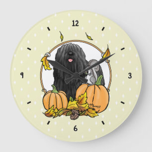 Fall Puli Hund (schwarz) Pumpkins Blätter Niedlich Große Wanduhr