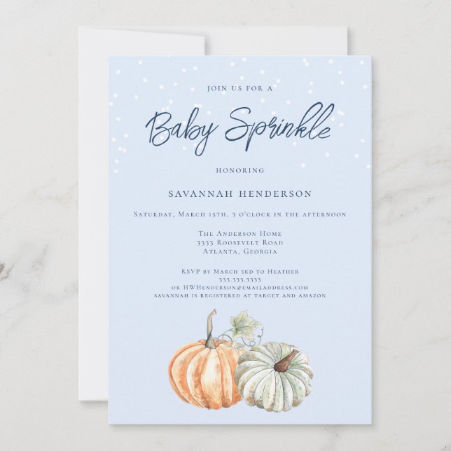 Fall Pumpkin Baby Dusche Blue Sprinkle Einladung (Vorderseite)