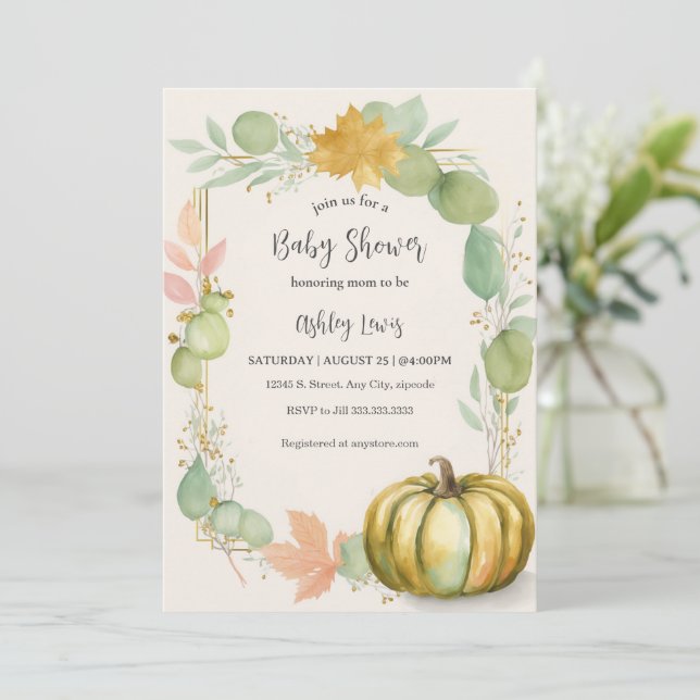 Fall Pumpkin Baby Dusche Einladung (Stehend Vorderseite)