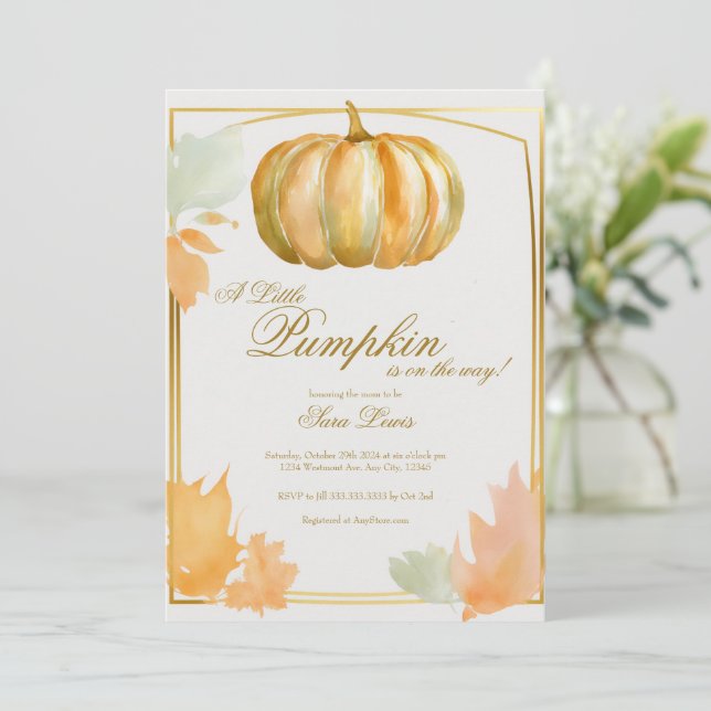 Fall Pumpkin Baby Dusche Einladung Gold (Stehend Vorderseite)