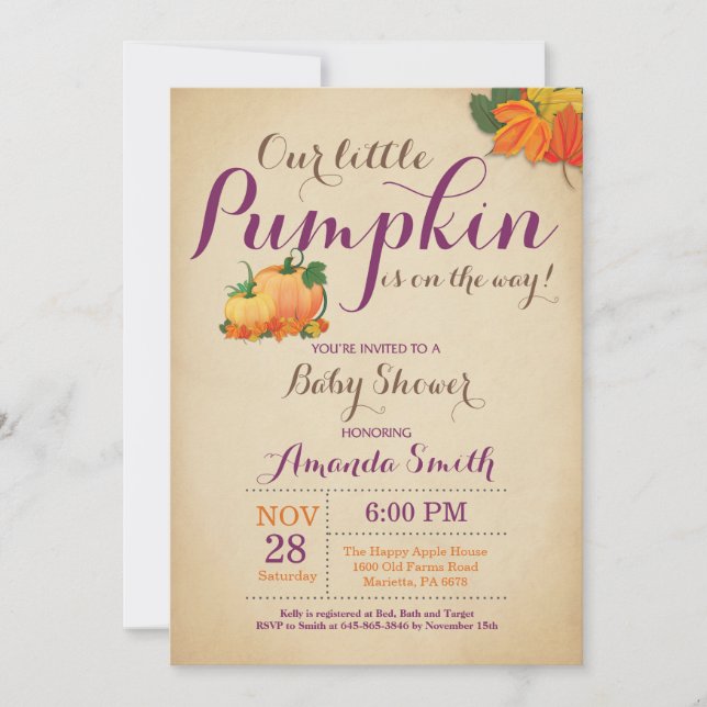 Fall Pumpkin Baby Dusche Einladung Orange Lila (Vorderseite)