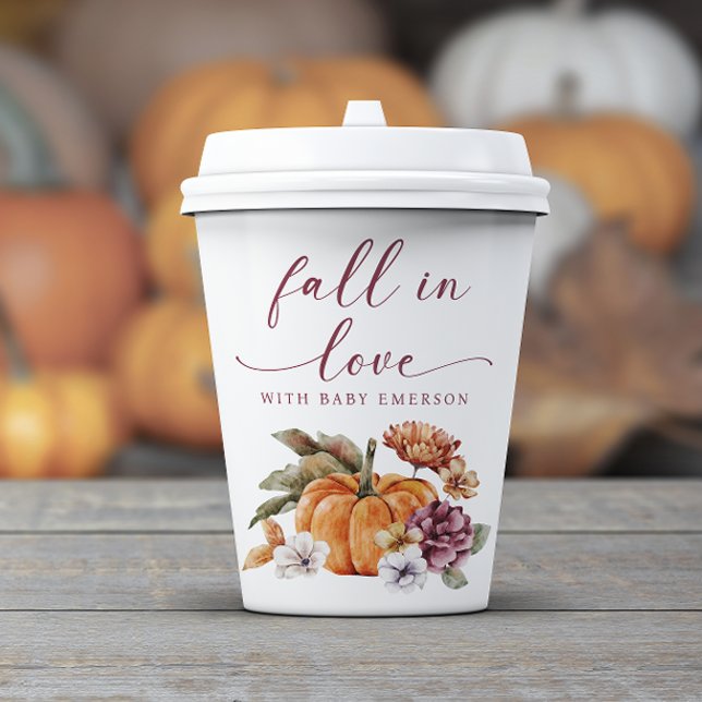 Fall Pumpkin Baby Dusche Pappbecher (Fall In Love with Baby Paper Cup Baby Shower Decor Watercolor Floral)