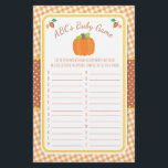 Fall Pumpkin Baby Shower ABC's Game Flyer<br><div class="desc">Dieses Design bietet einen Kürbis und Blätter in Herbstfarben auf einem Gingham Hintergrund. Unsere Produkte werden in unserem Shop, zazzle.com/doodlelulu*, koordiniert. Kontaktieren Sie uns, wenn Sie dieses Design für ein bestimmtes Produkt, um ein passendes Element zu erstellen! Vielen Dank, dass Sie ein DoodleLulu von 2. Juni Bugs Design gesehen haben!...</div>