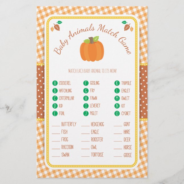 Fall Pumpkin Baby Shower Animal Match Game Flyer (Vorne)