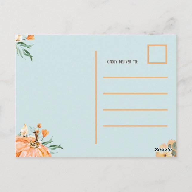 Fall Pumpkin Baby Shower Blue, Postkarte (Rückseite)