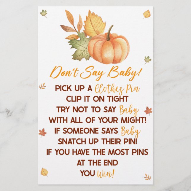 Fall Pumpkin Blätter Sage kein Baby Shower Game Briefpapier (Vorderseite)