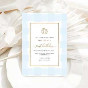 Fall Pumpkin Blue Gingham Birthday Foil Einladung