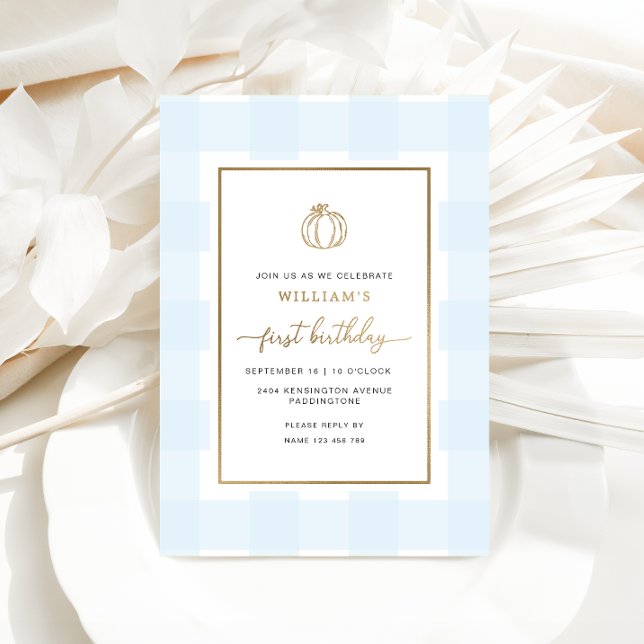 Fall Pumpkin Blue Gingham Birthday Foil Einladung (First Birthday Invitation)