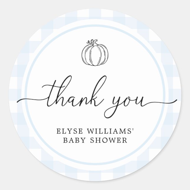 Fall Pumpkin Blue Gingham Dusche Gefallen Sticker (Vorderseite)