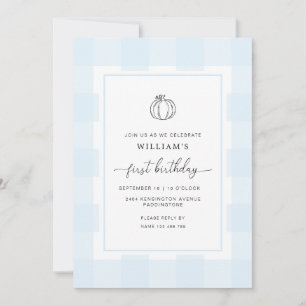 Fall Pumpkin Blue Gingham Einladung zum 1. Geburts