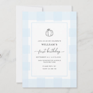 Fall Pumpkin Blue Gingham Einladung zum 1. Geburts