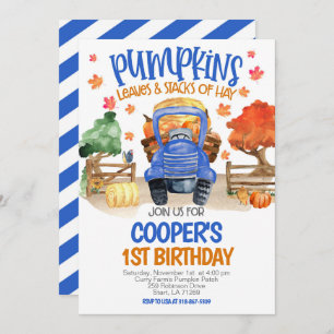 Fall Pumpkin Blue Tractor Boys Birthday Einladung