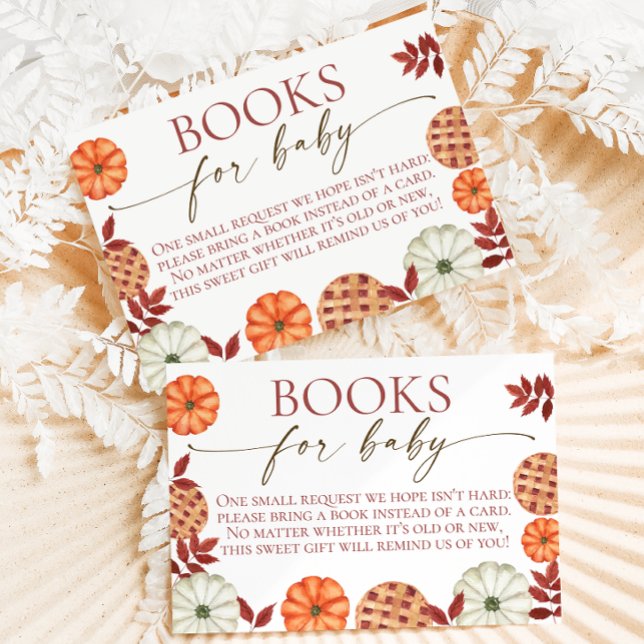 Fall Pumpkin Book Request Baby Show Card Dankeskarte (Baby shower book request cards featuring watercolor pumpkins, pies, and red autumn leaves)