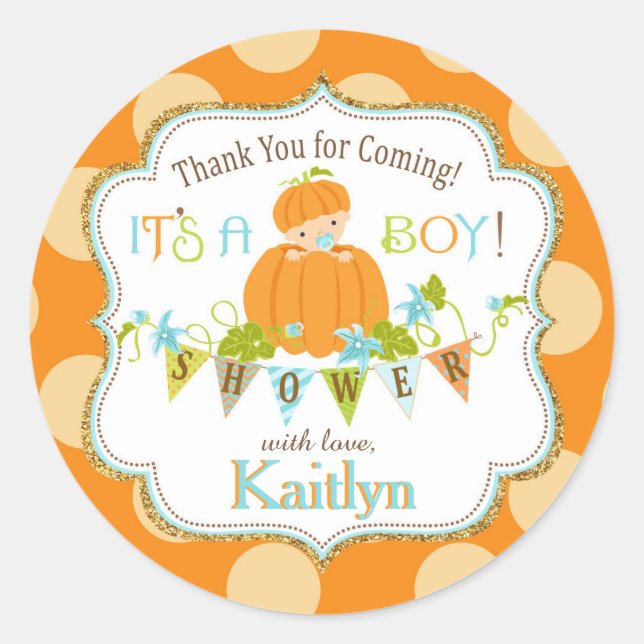 Fall Pumpkin Boy Gold Glitzer Kinderdusche Runder Aufkleber (Vorderseite)