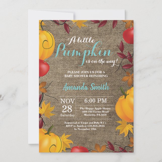 Fall Pumpkin Burlap Aqua Baby Dusche Einladung (Vorderseite)