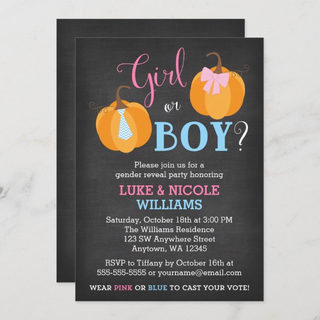 Fall Pumpkin Chalkboard Gender Reveal Party Einladung (Vorne/Hinten)