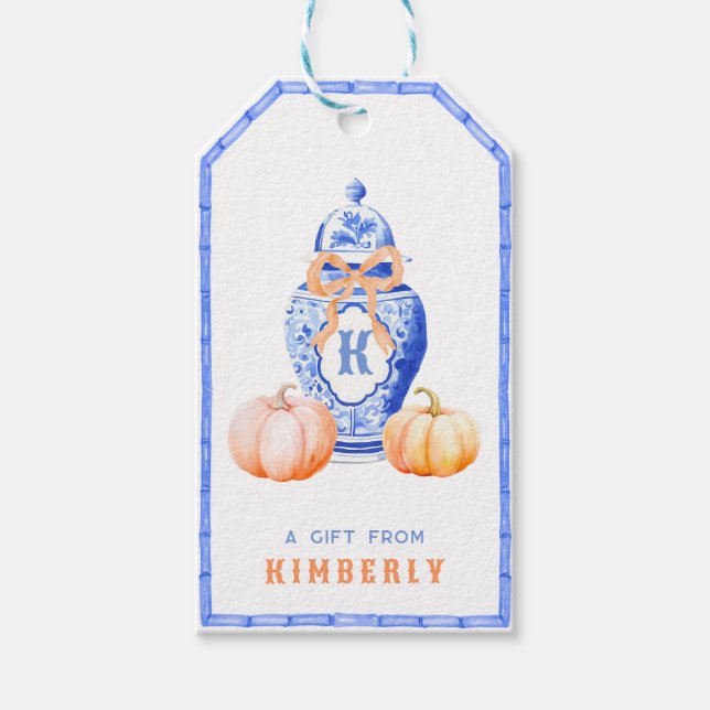 Fall Pumpkin | Chinoiserie Ginger Jar Monogram Geschenkanhänger (Vorderseite)